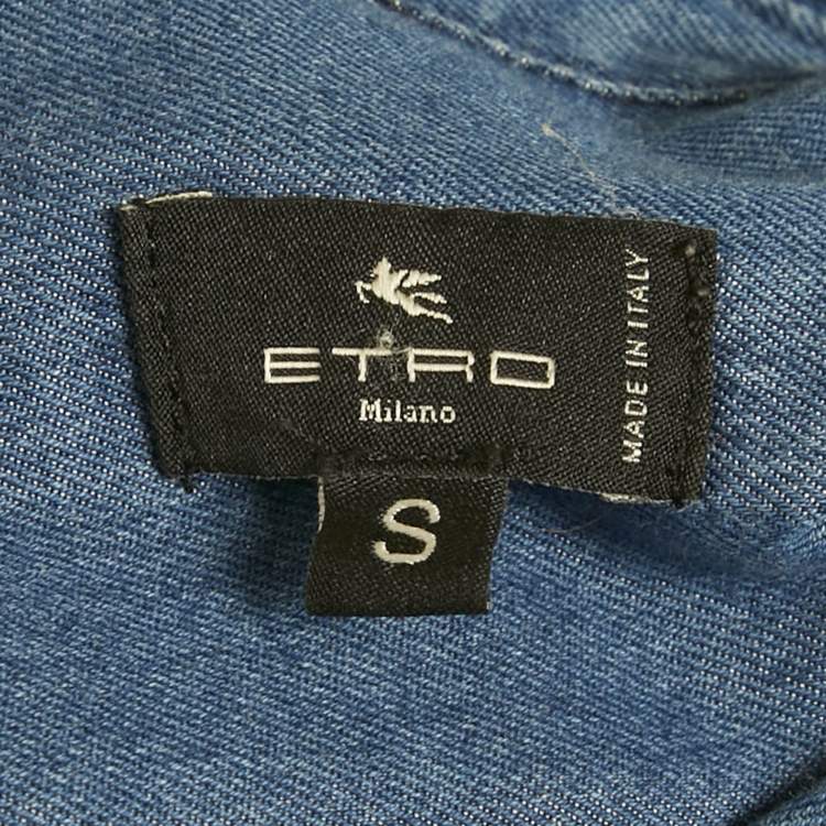 Pre Owned Etro Beach Dubai Blue Logo Print Denim Oversized Shirt S