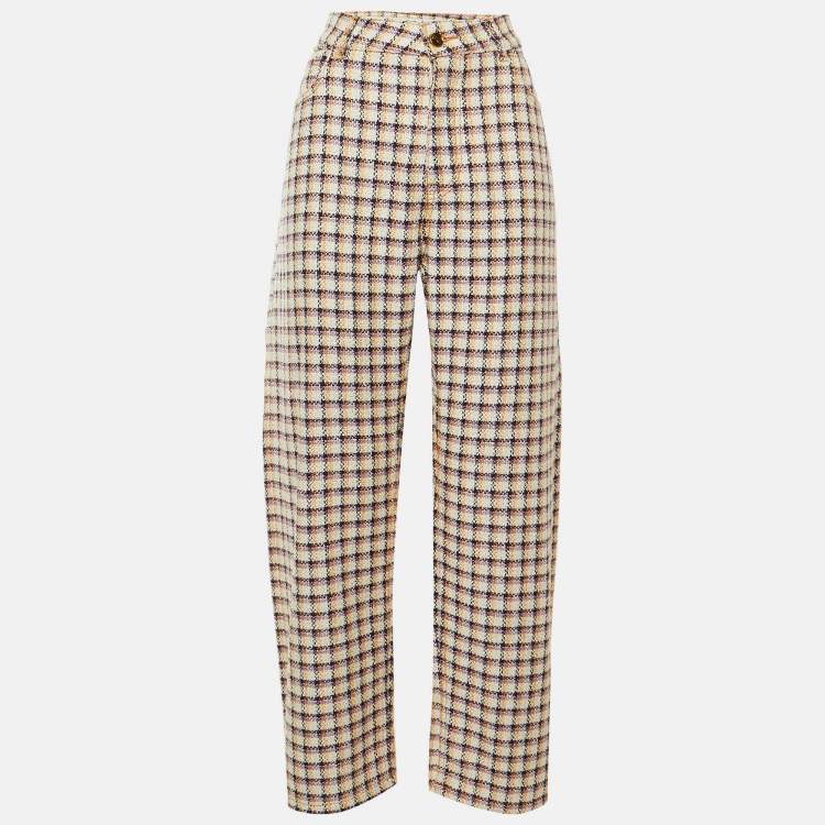 Pre Owned Etro White Checked Tweed Wide Leg Trousers M