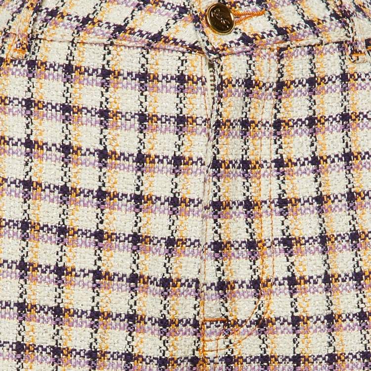 Pre Owned Etro White Checked Tweed Wide Leg Trousers M