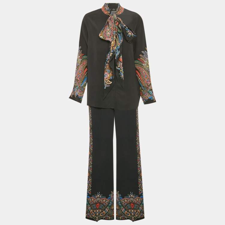 مملوكة مسبقًا Etro Black Black Printed Silk & Crepe Top & Pants Set S/M