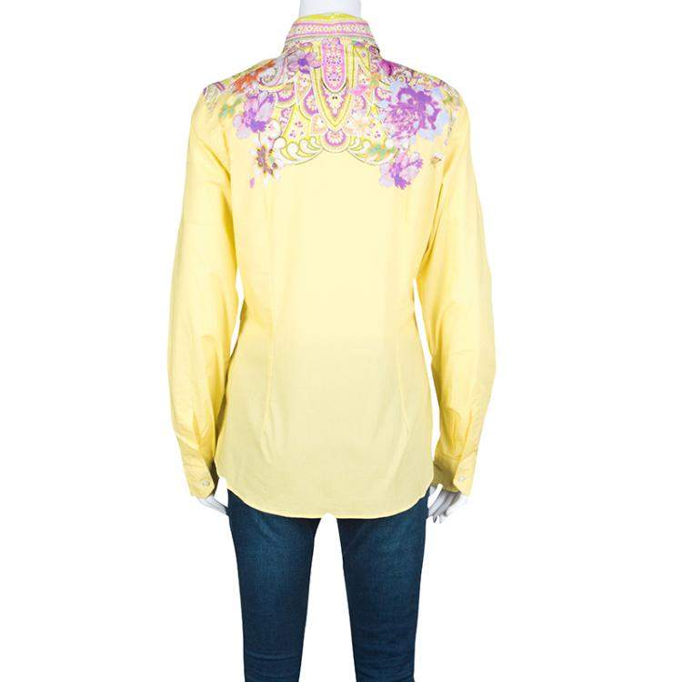 Pre Owned Etro Yellow Floral Printed Cotton Long Sleeve Button Front Shirt L