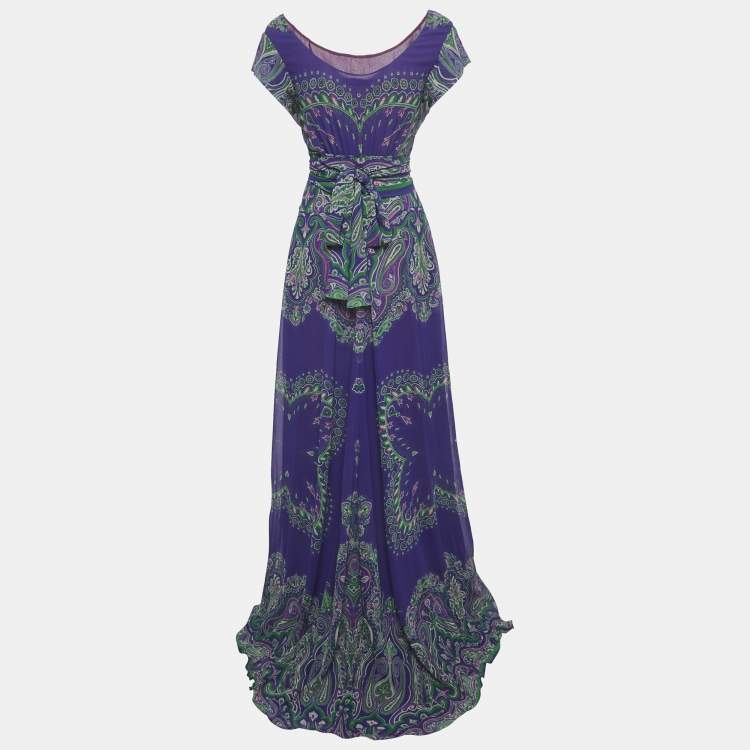 Pre Owned Etro Blue Paisley Print Crinkled Chiffon Maxi Dress S