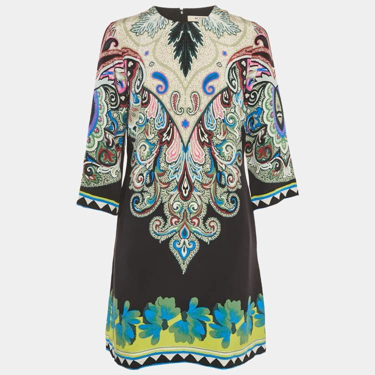 مملوكة مسبقًا Etro Black/Green Paisley Print Silk Shift Dress M