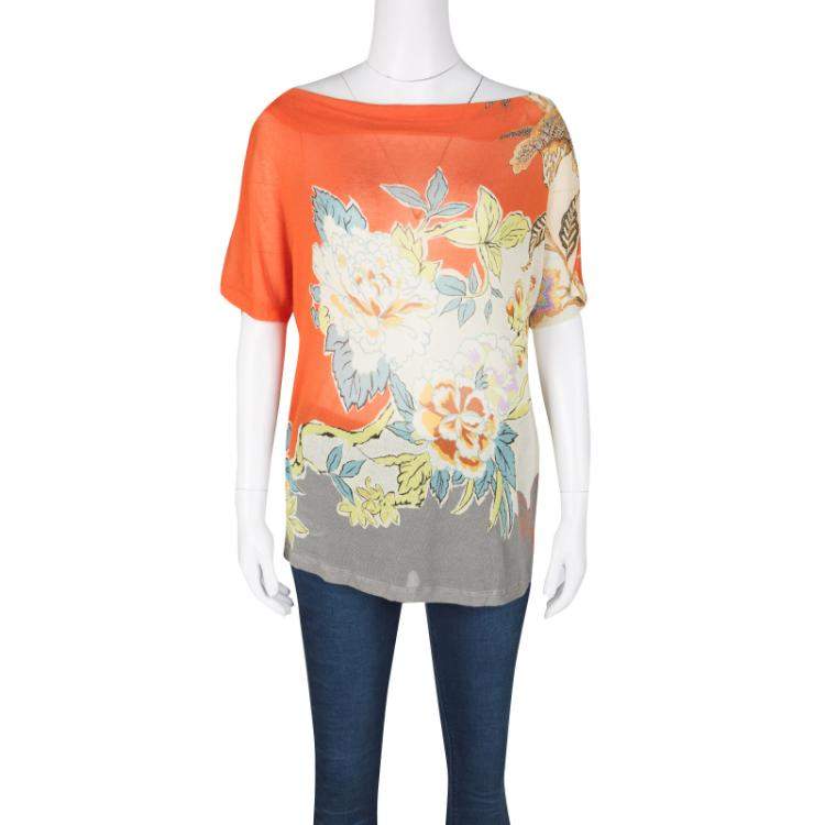Pre Owned Etro Multicolor Knit Floral Printed Boat Neck Top M
