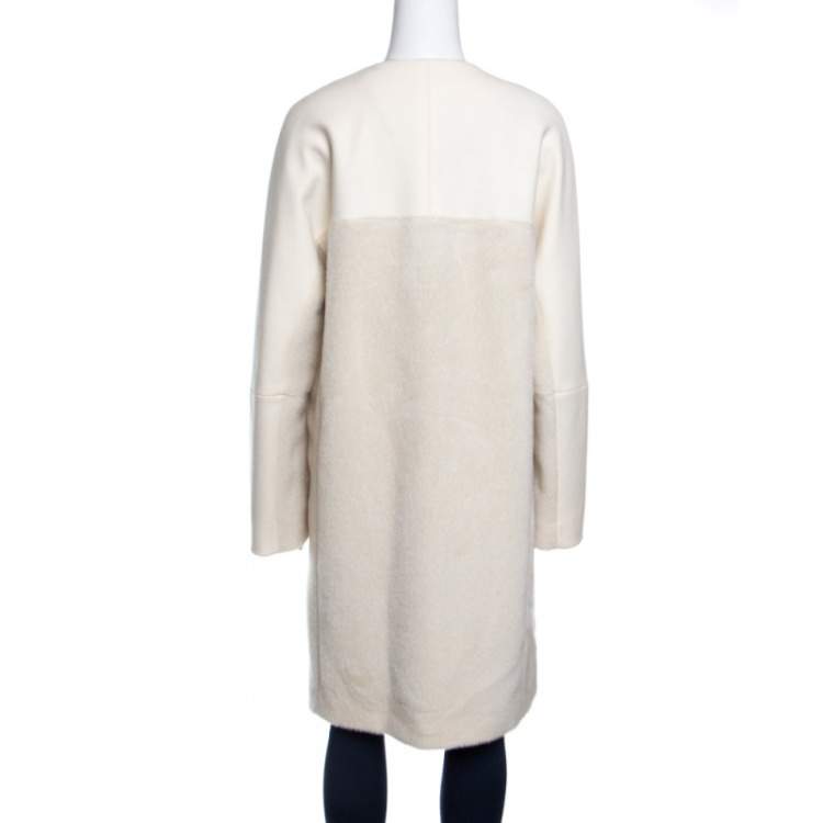 Pre Owned Etro Cream Alpaca Wool Faux Fur Mix Media Over Coat L
