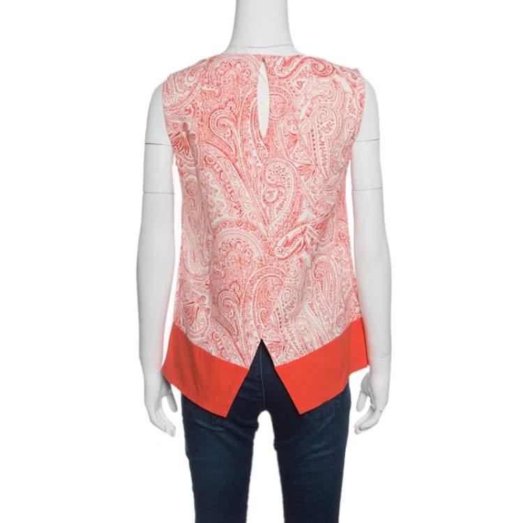 Pre Owned Etro Orange and White Paisley Print Sleeveless Top S