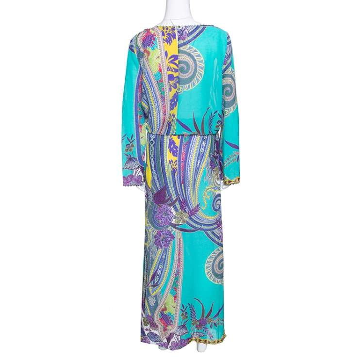 Pre Owned Etro Multicolor Printed Cotton and Silk Waist Tie Detail Kaftan Dress M