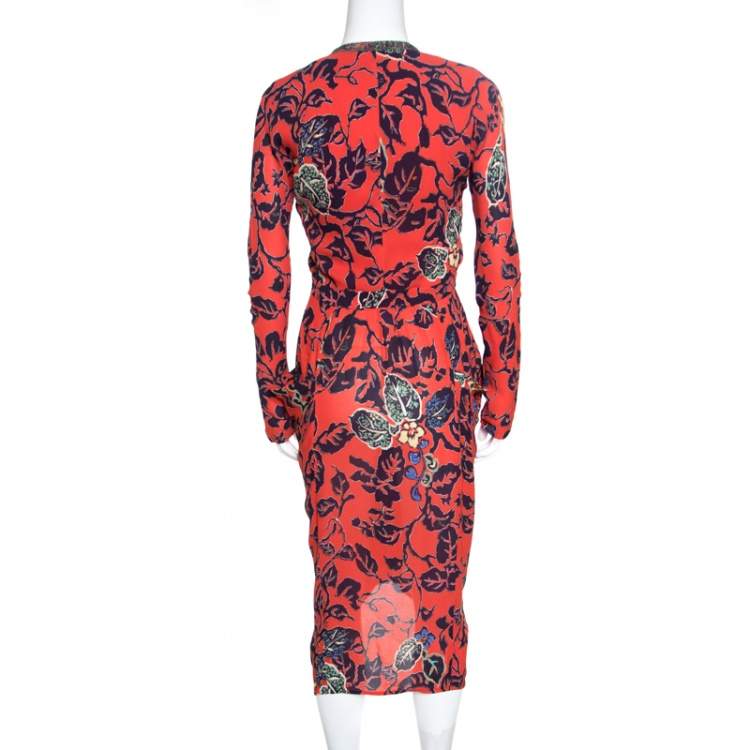 Pre Owned Etro Red Floral Print Embellished Plunge Neck Detail Draped Midi Dress S