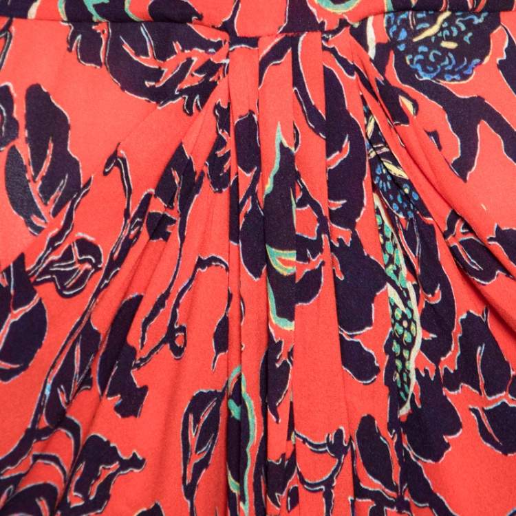 Pre Owned Etro Red Floral Print Embellished Plunge Neck Detail Draped Midi Dress S