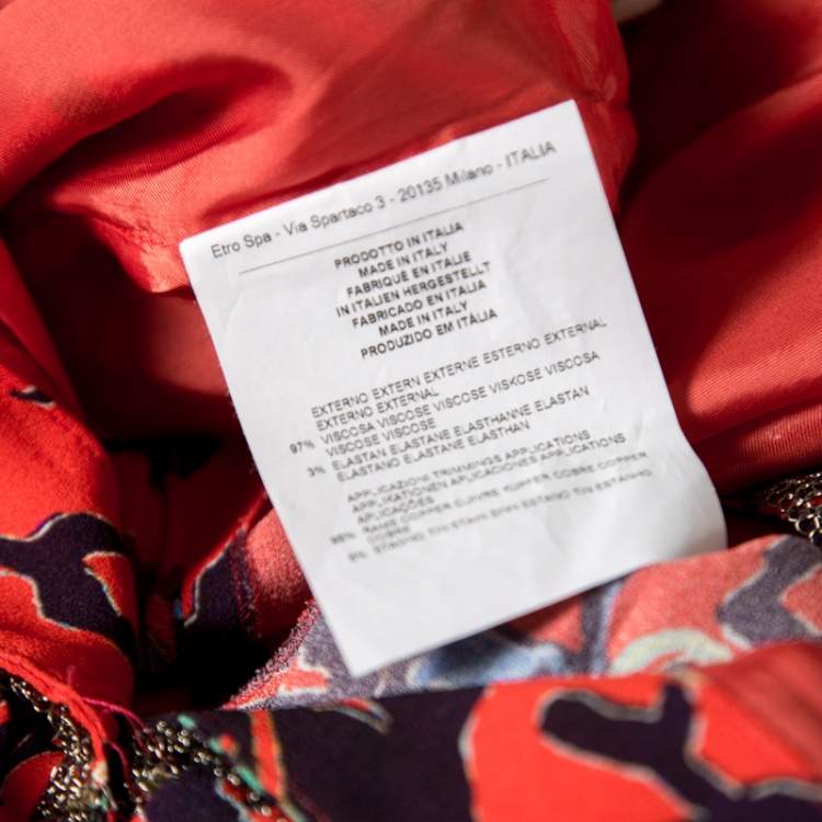 Pre Owned Etro Red Floral Print Embellished Plunge Neck Detail Draped Midi Dress S
