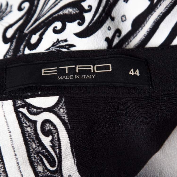 Pre Owned Etro Monochrome Paisley and Leaf Printed Silk Crepe de Chine Dress M