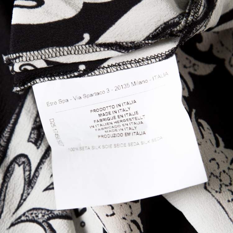 Pre Owned Etro Monochrome Paisley and Leaf Printed Silk Crepe de Chine Dress M