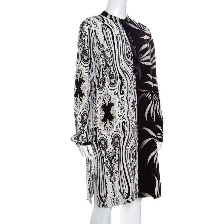 Pre Owned Etro Monochrome Paisley and Leaf Printed Silk Crepe de Chine Dress M