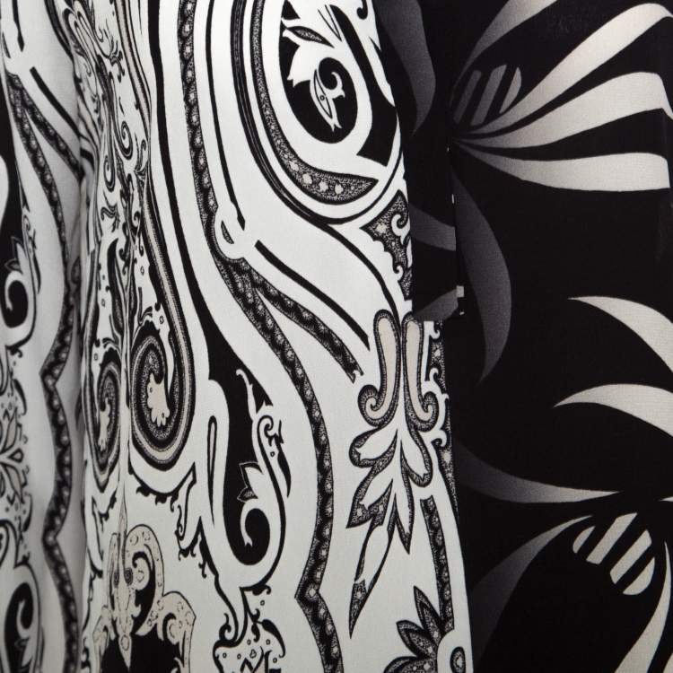 Pre Owned Etro Monochrome Paisley and Leaf Printed Silk Crepe de Chine Dress M