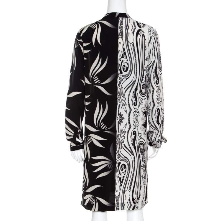 Pre Owned Etro Monochrome Paisley and Leaf Printed Silk Crepe de Chine Dress M