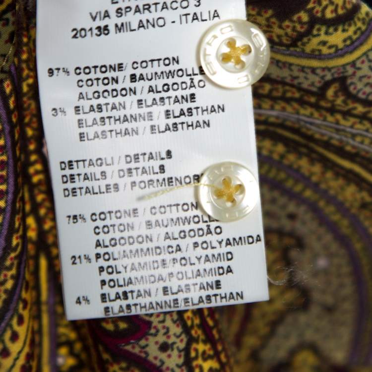 Pre Owned Etro Yellow Paisley Printed Cotton Contrast Trim Detail Long Sleeve Blouse M