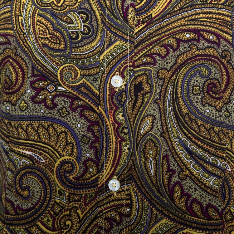 Pre Owned Etro Yellow Paisley Printed Cotton Contrast Trim Detail Long Sleeve Blouse M
