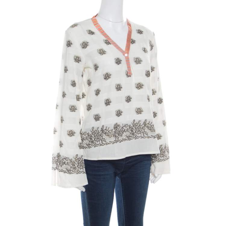 Pre Owned Etro Cream Floral Lurex Jacquard Contrast Neck Detail Long Sleeve Blouse M