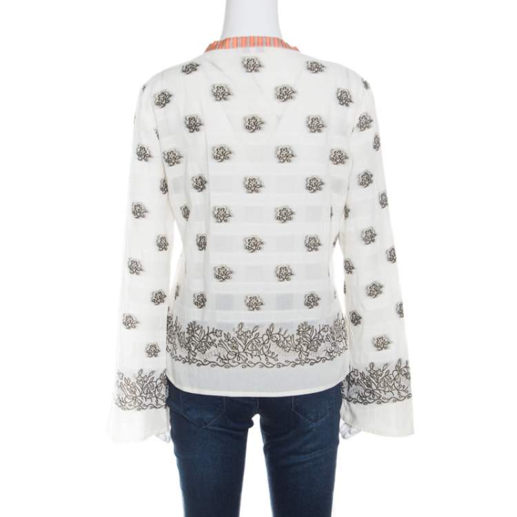 Pre Owned Etro Cream Floral Lurex Jacquard Contrast Neck Detail Long Sleeve Blouse M