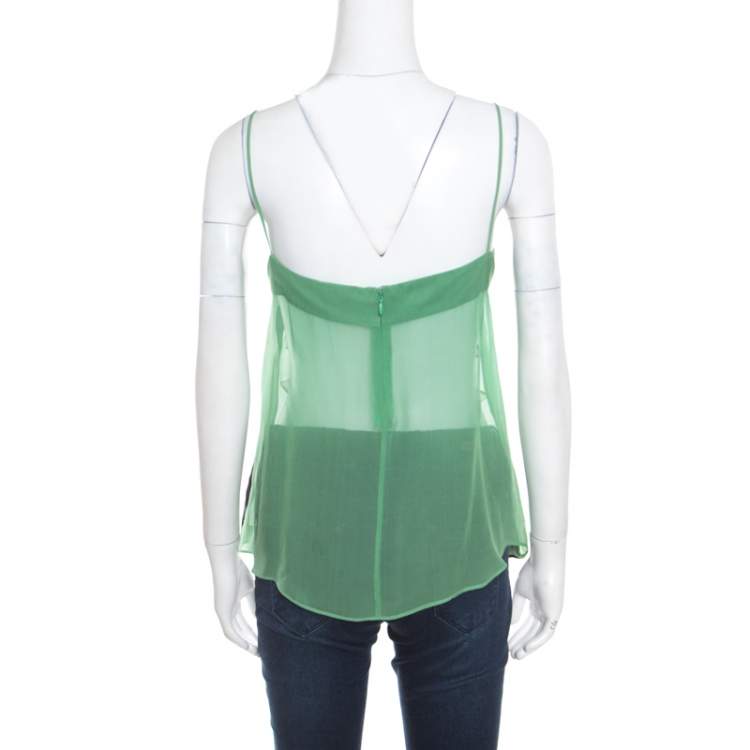 Pre Owned Etro Green Sheer Silk Sequined Floral Applique Detail Babydoll Top L