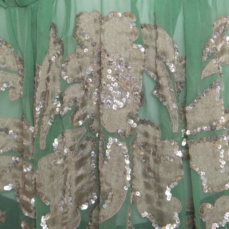 Pre Owned Etro Green Sheer Silk Sequined Floral Applique Detail Babydoll Top L