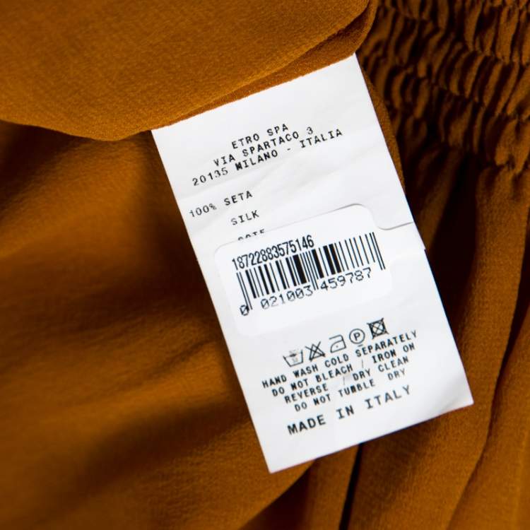 مملوكة مسبقًا Etro Mustard Brown Silk Smocked Waist Short Sleeve Top L