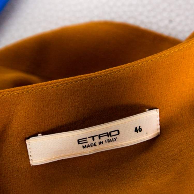 مملوكة مسبقًا Etro Mustard Brown Silk Smocked Waist Short Sleeve Top L