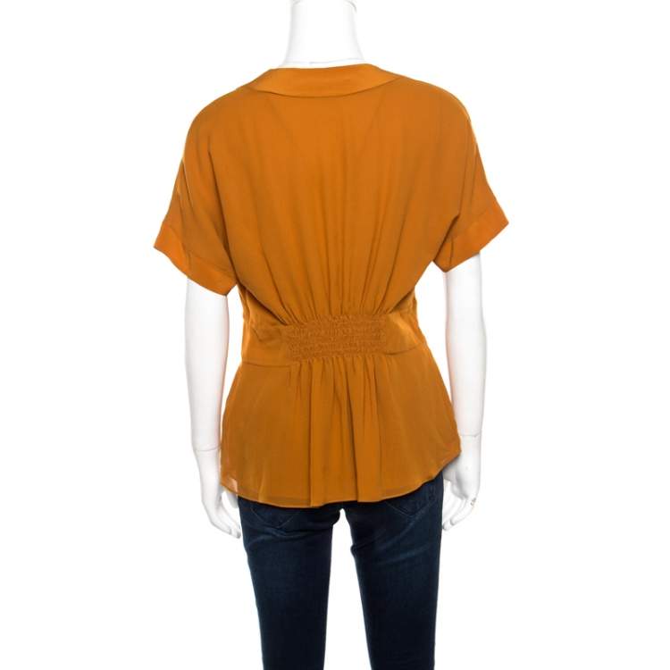 مملوكة مسبقًا Etro Mustard Brown Silk Smocked Waist Short Sleeve Top L