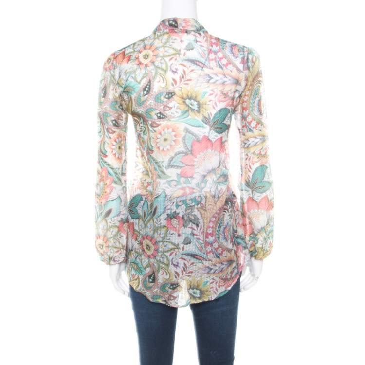 Pre Owned Etro Multicolor Floral Printed Silk Long Sleeve Blouse S