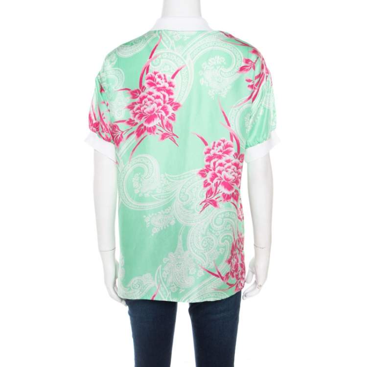 Pre Owned Etro Mint Green and Pink Floral Printed Silk Polo T-Shirt M