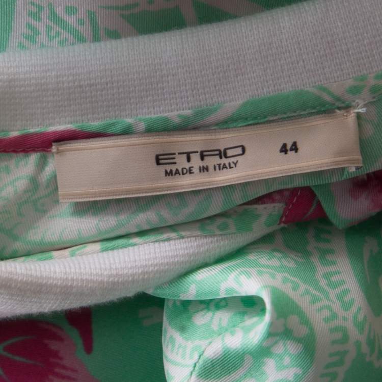 Pre Owned Etro Mint Green and Pink Floral Printed Silk Polo T-Shirt M