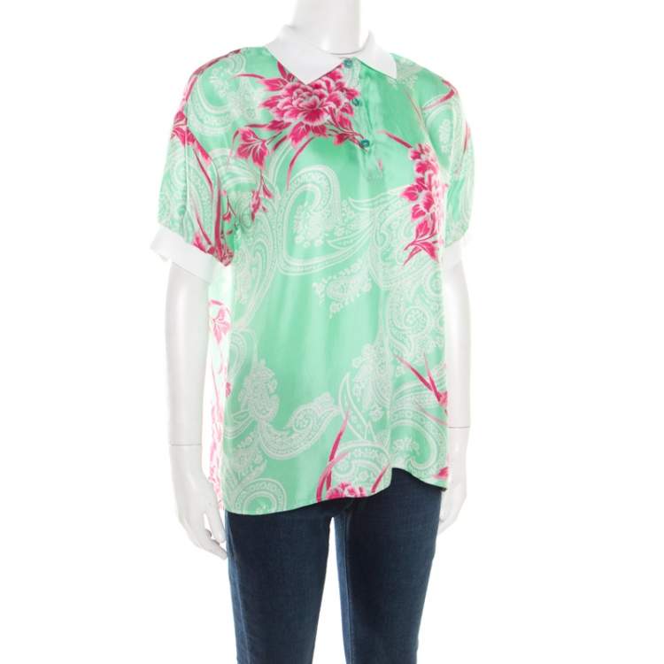 Pre Owned Etro Mint Green and Pink Floral Printed Silk Polo T-Shirt M