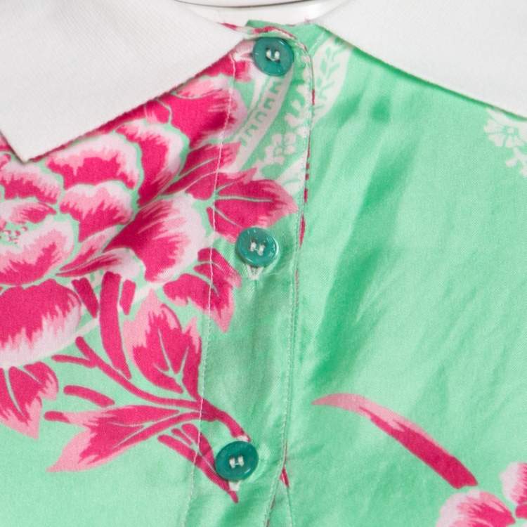 Pre Owned Etro Mint Green and Pink Floral Printed Silk Polo T-Shirt M