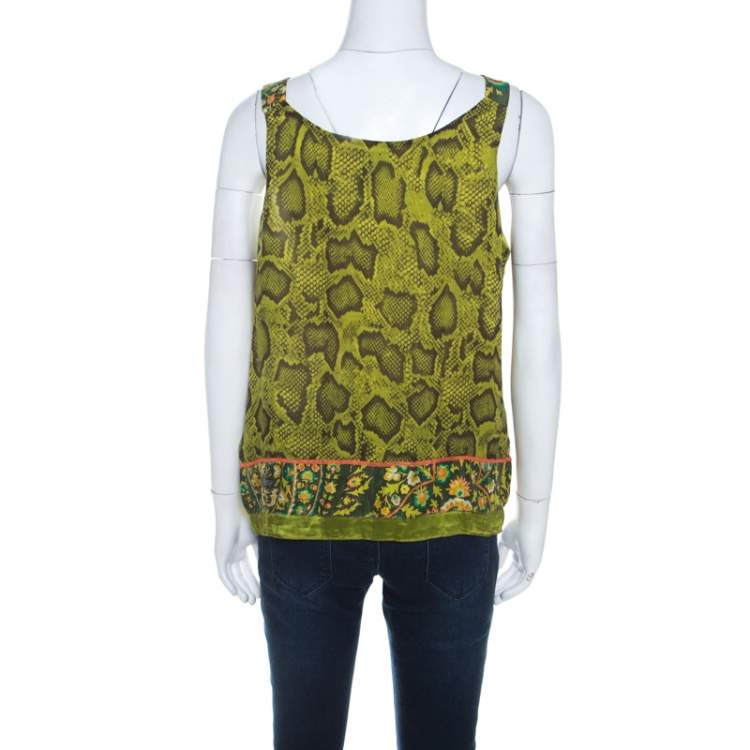 Pre Owned Etro Lime Green Snakeskin Print Silk Embellished Sleeveless Top L