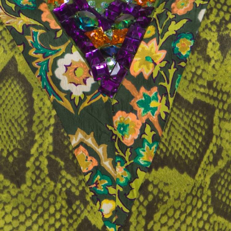 Pre Owned Etro Lime Green Snakeskin Print Silk Embellished Sleeveless Top L