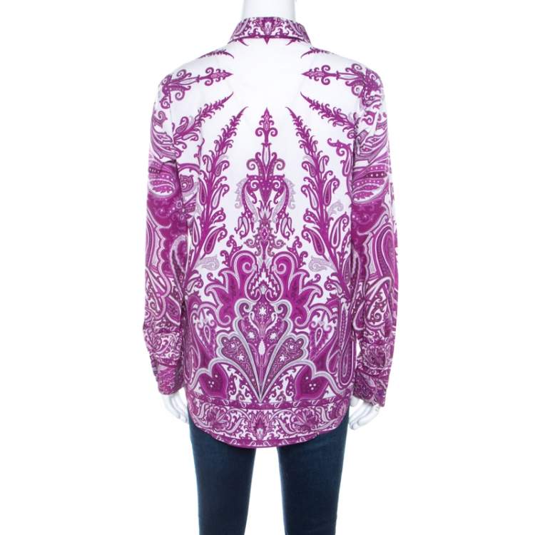 Pre Owned Etro Purple Paisley Print Cotton Stretch Button Front Shirt M