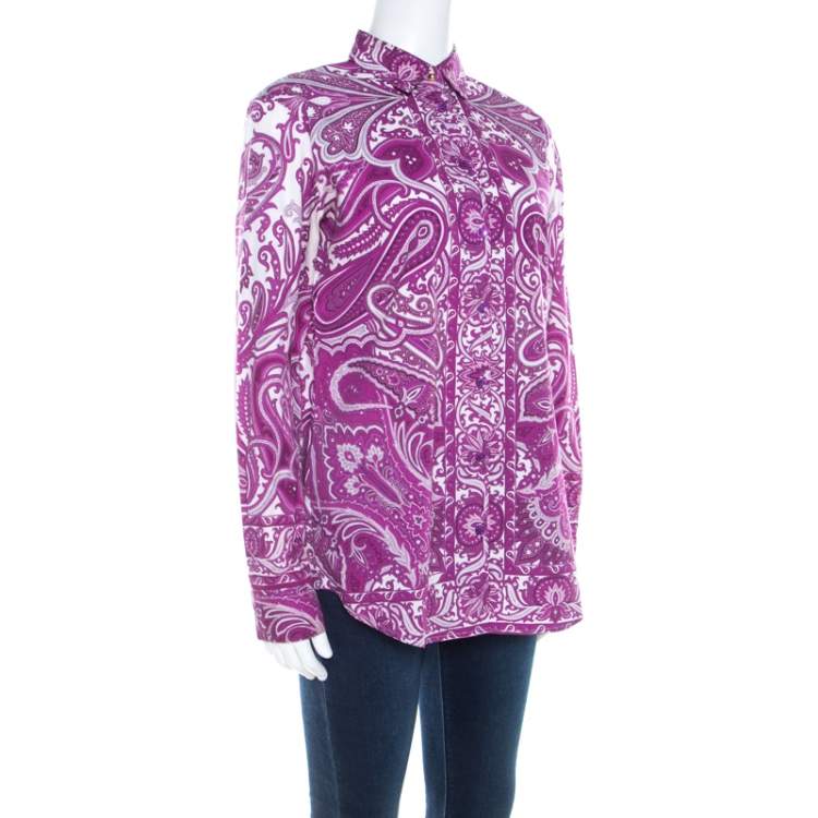 Pre Owned Etro Purple Paisley Print Cotton Stretch Button Front Shirt M