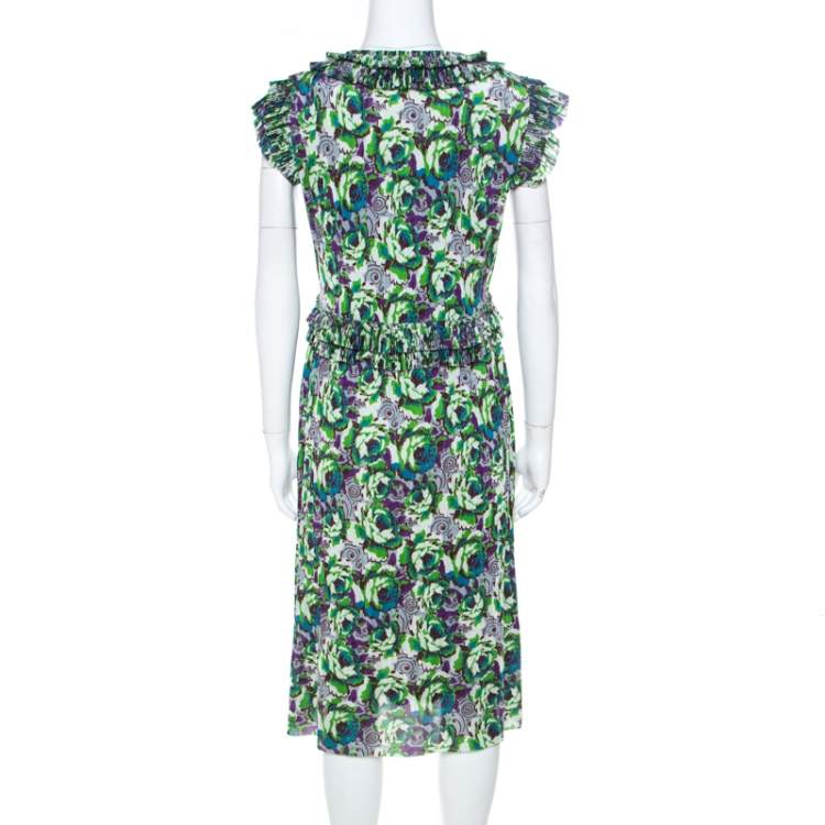 Pre Owned Etro Multicolor Floral Print Jersey Ruffle Neck Midi Dress M