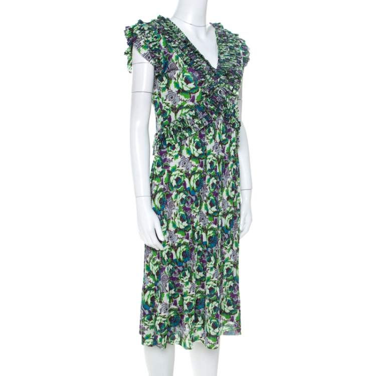 Pre Owned Etro Multicolor Floral Print Jersey Ruffle Neck Midi Dress M
