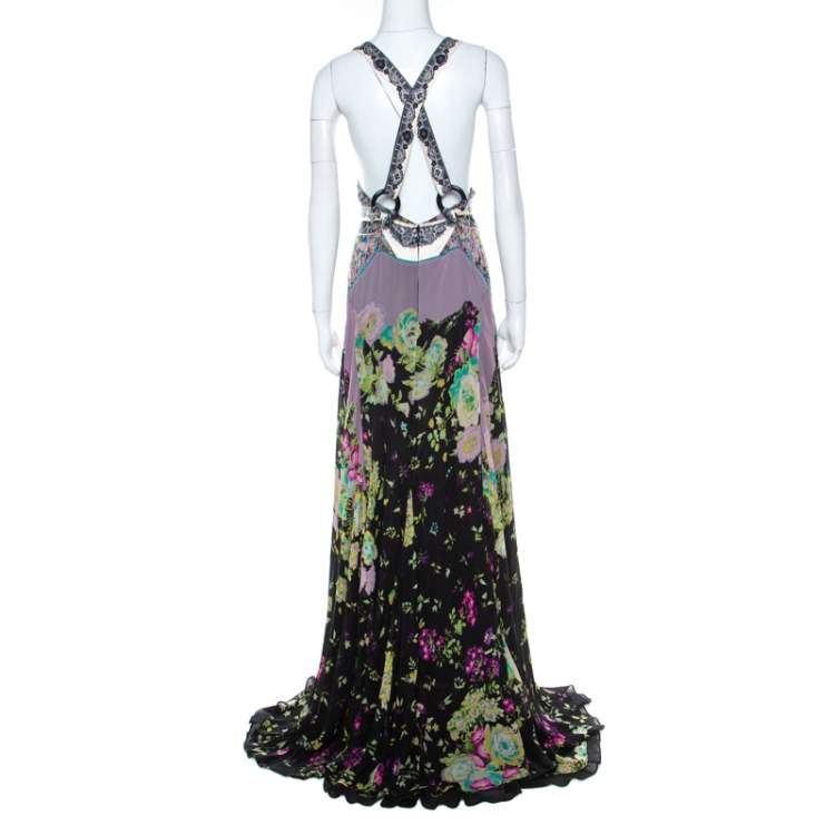 Pre Owned Etro Multicolor Printed Crisscross Back V-Neck Long Dress L