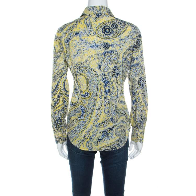 Pre Owned Etro Yellow Paisley Print Cotton Button Front Blouse S