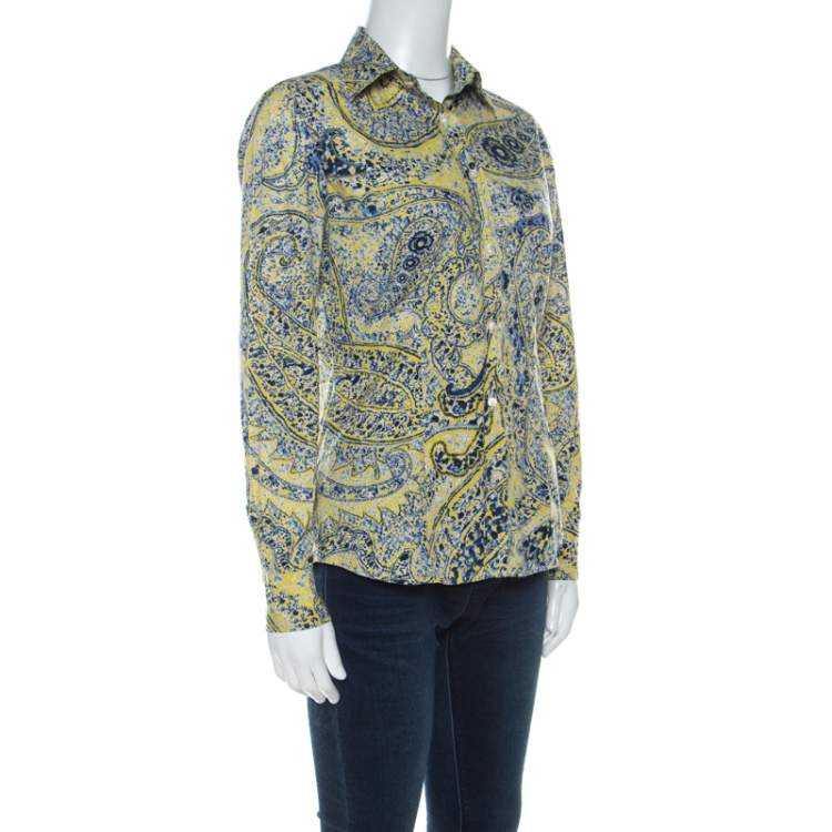 Pre Owned Etro Yellow Paisley Print Cotton Button Front Blouse S