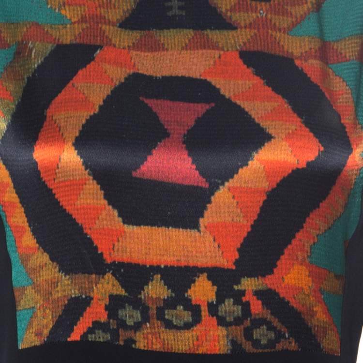 Pre Owned Etro Black & Multicolor Ikat Print Satin & Crepe Full Sleeve Dress M