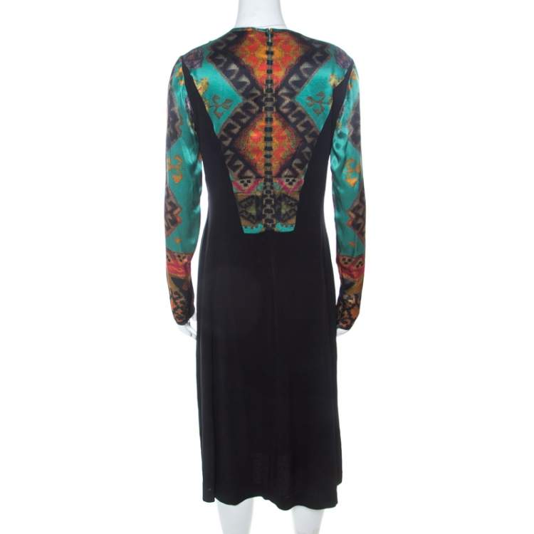 Pre Owned Etro Black & Multicolor Ikat Print Satin & Crepe Full Sleeve Dress M
