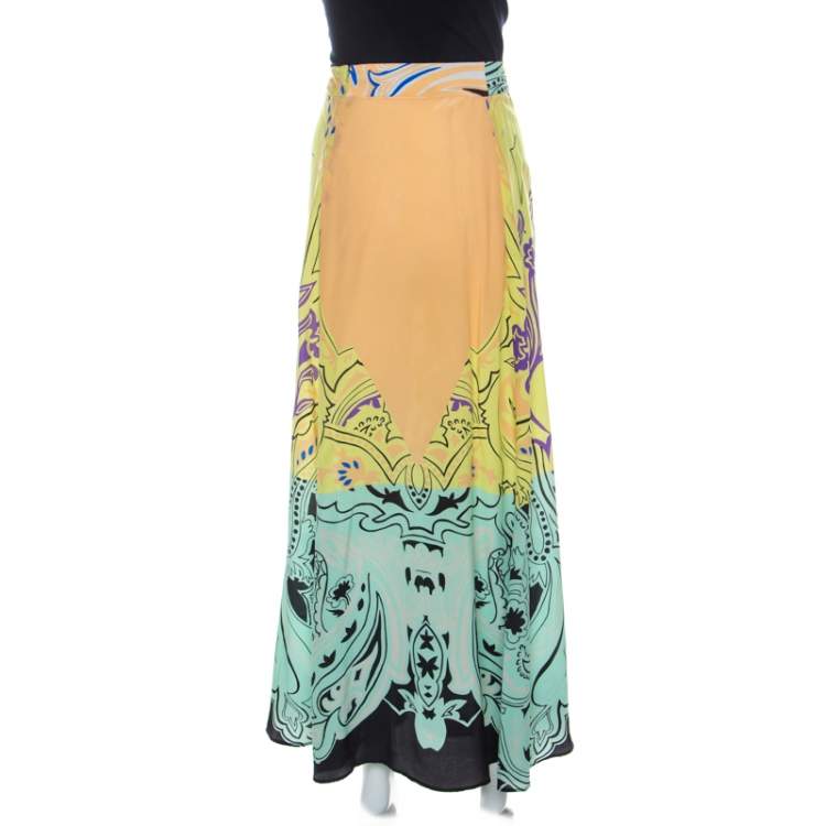 Pre Owned Etro Multicolor Printed Silk Front Pleat Detail Maxi Skirt M