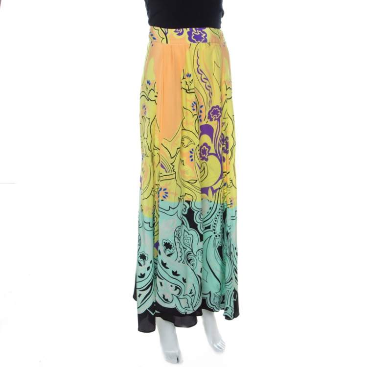 Pre Owned Etro Multicolor Printed Silk Front Pleat Detail Maxi Skirt M