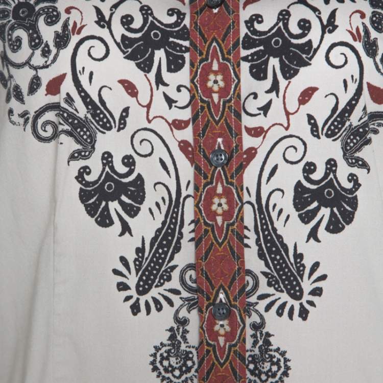 Pre Owned Etro Beige Printed Stretch Cotton Button Front Shirt L