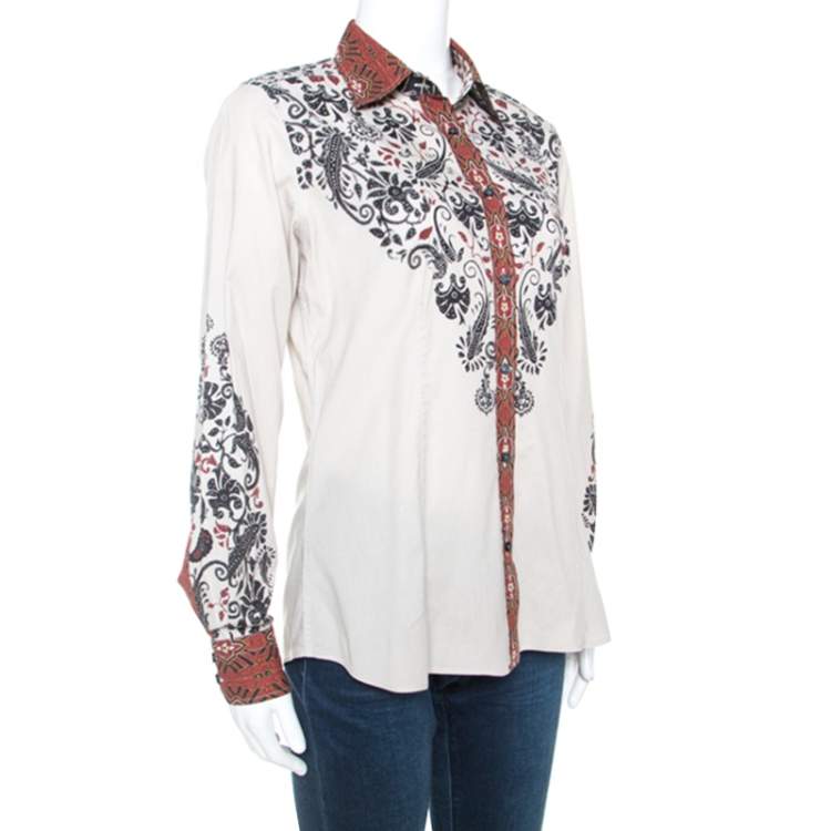 Pre Owned Etro Beige Printed Stretch Cotton Button Front Shirt L