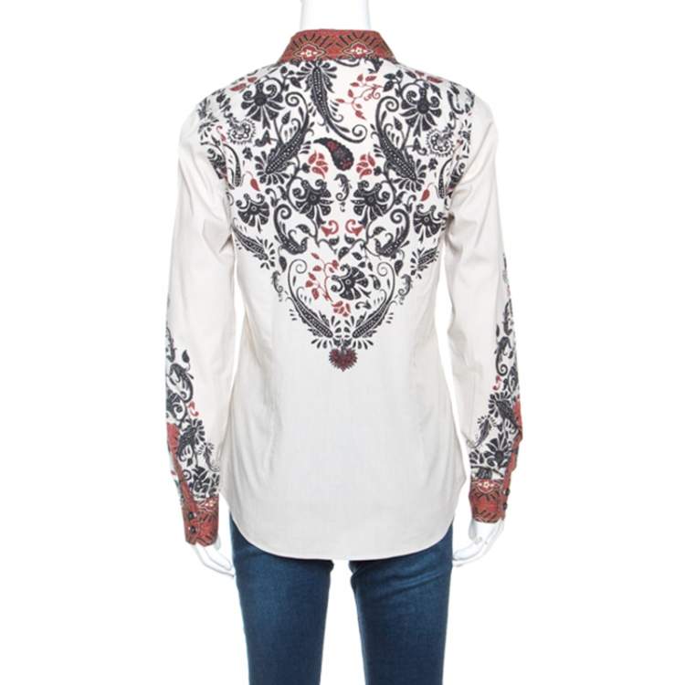 Pre Owned Etro Beige Printed Stretch Cotton Button Front Shirt L
