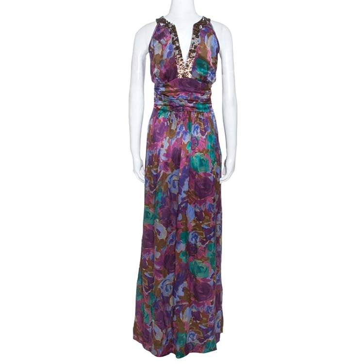 Pre Owned Etro Multicolor Printed Silk Ruched Waist Maxi Dress M